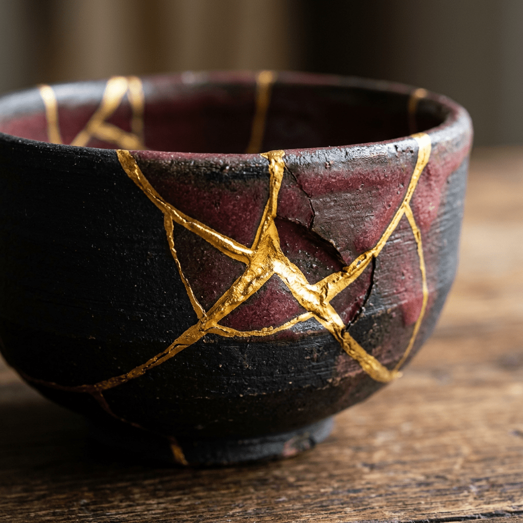 Macro kintsugi bowl black maroon gold seams