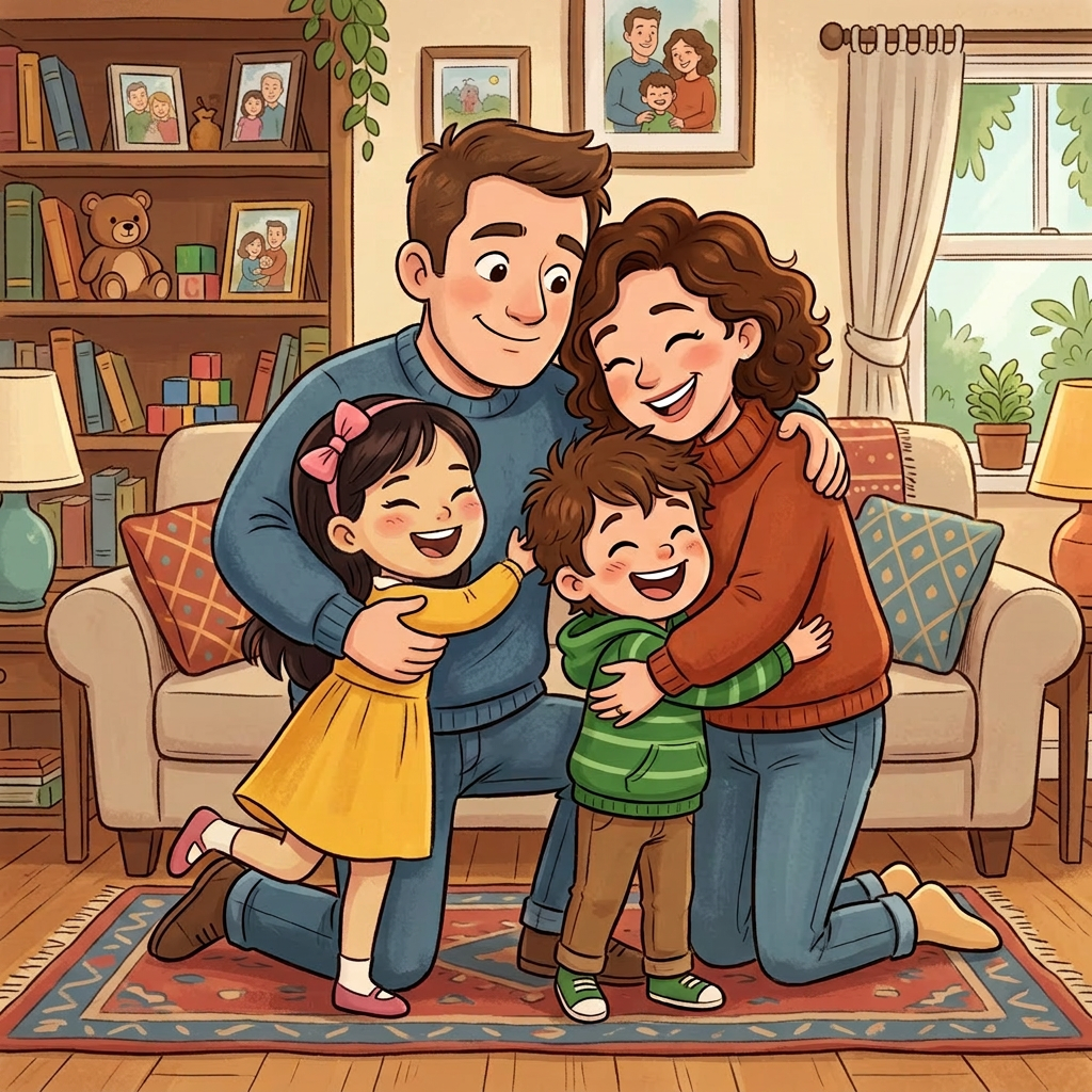 Parents and two children happily hugging on a living room rug